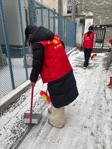 2.各位党员分工合作，对道路进行除冰任务